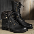 Ankle-height lace-up combat boots with round toes and treaded soles