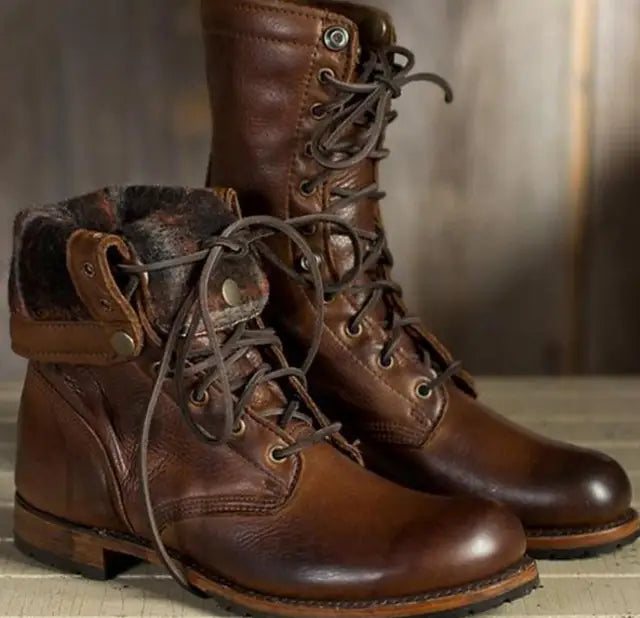 Ankle-height lace-up combat boots with round toes and treaded soles