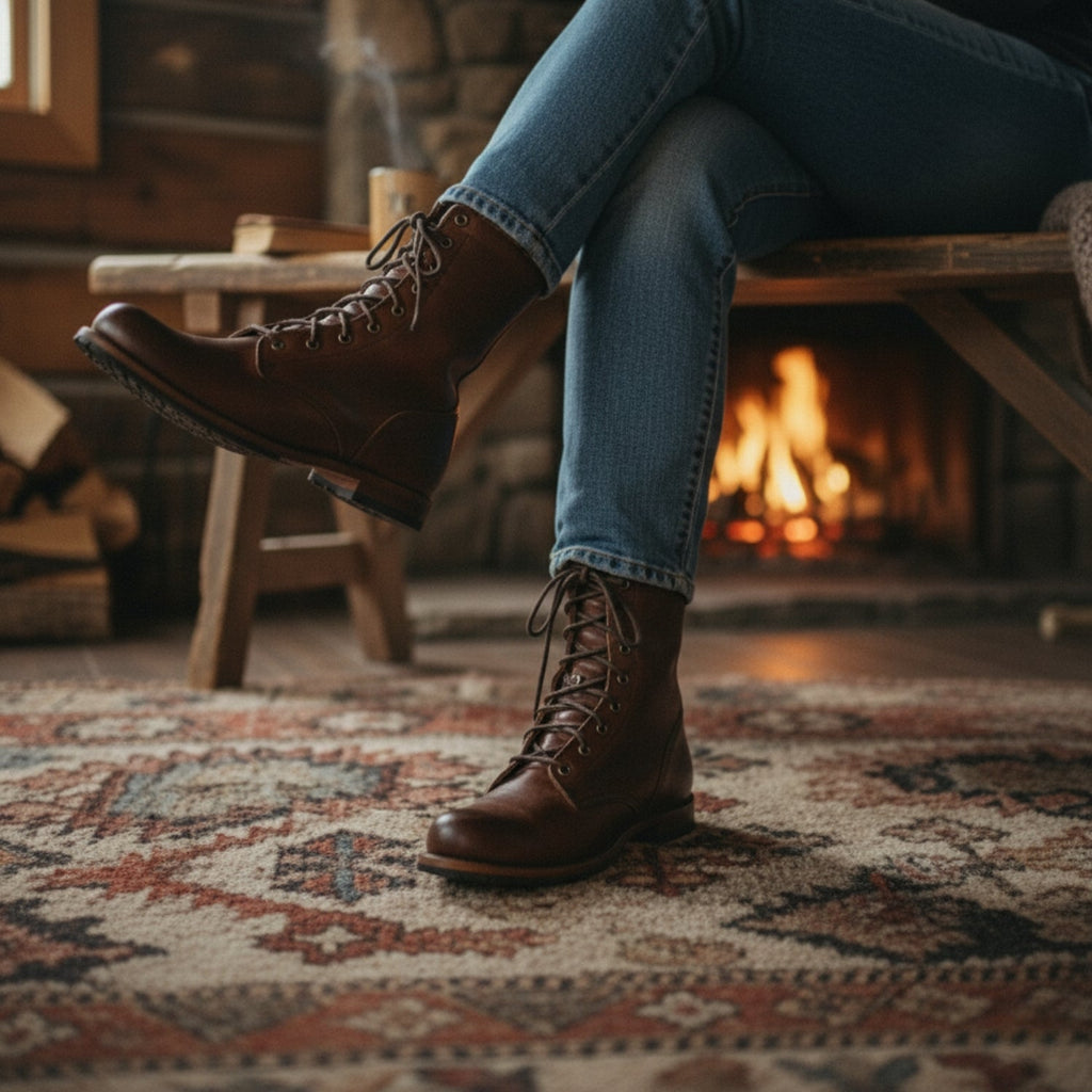 Ankle-height lace-up combat boots with round toes and treaded soles