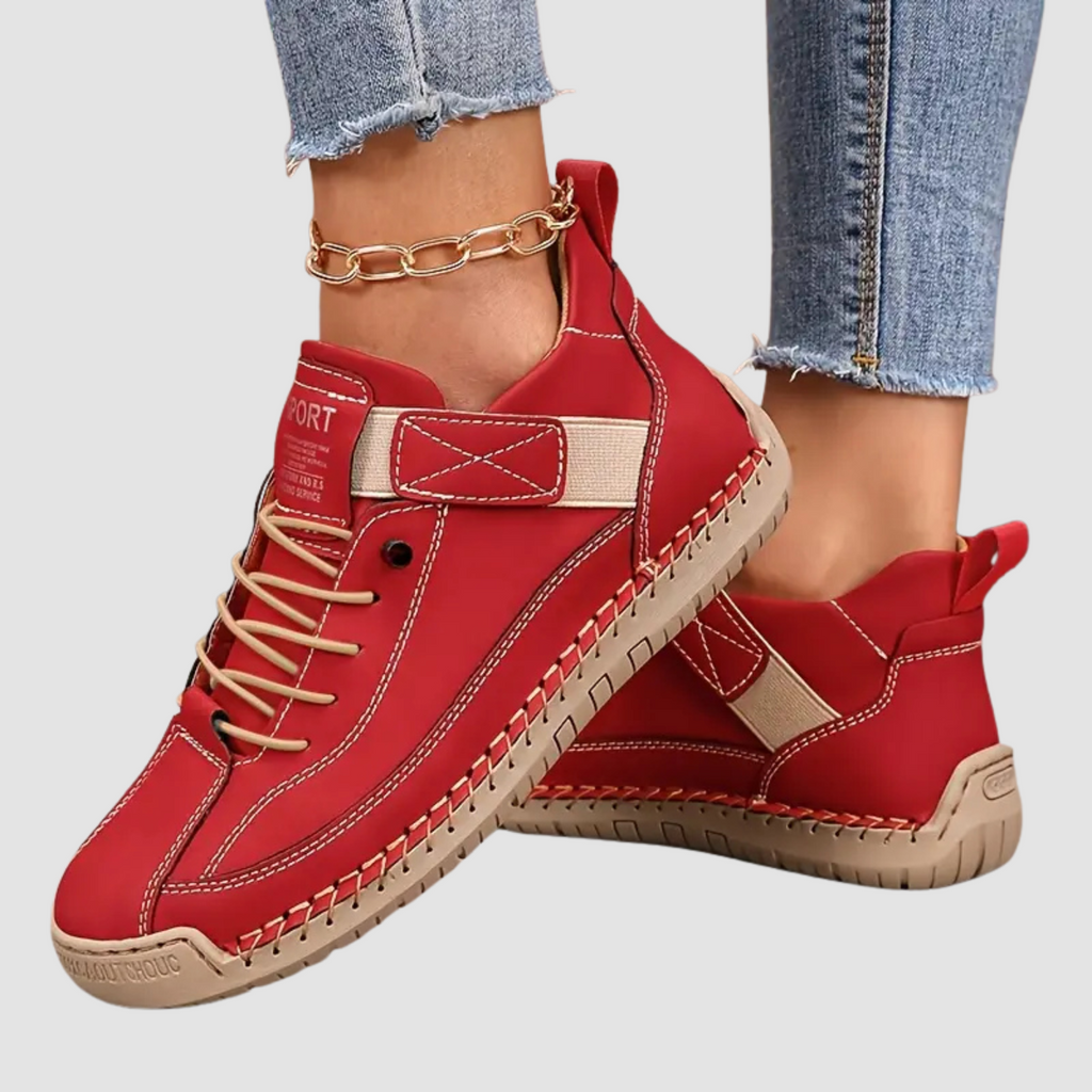 High-top lace-up trainers with ankle strap detail and stitched flat soles