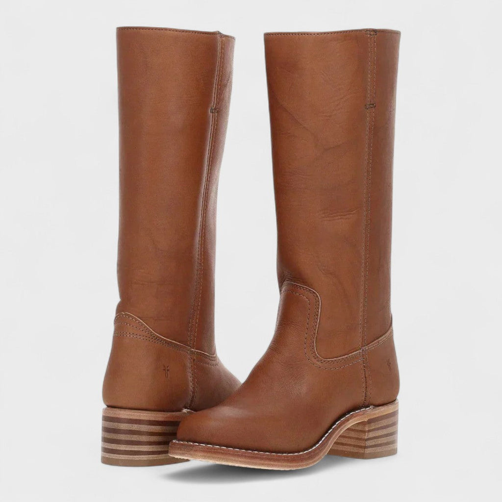 Women's knee-high cowboy boots with rounded toes, stitched panels and low block heels