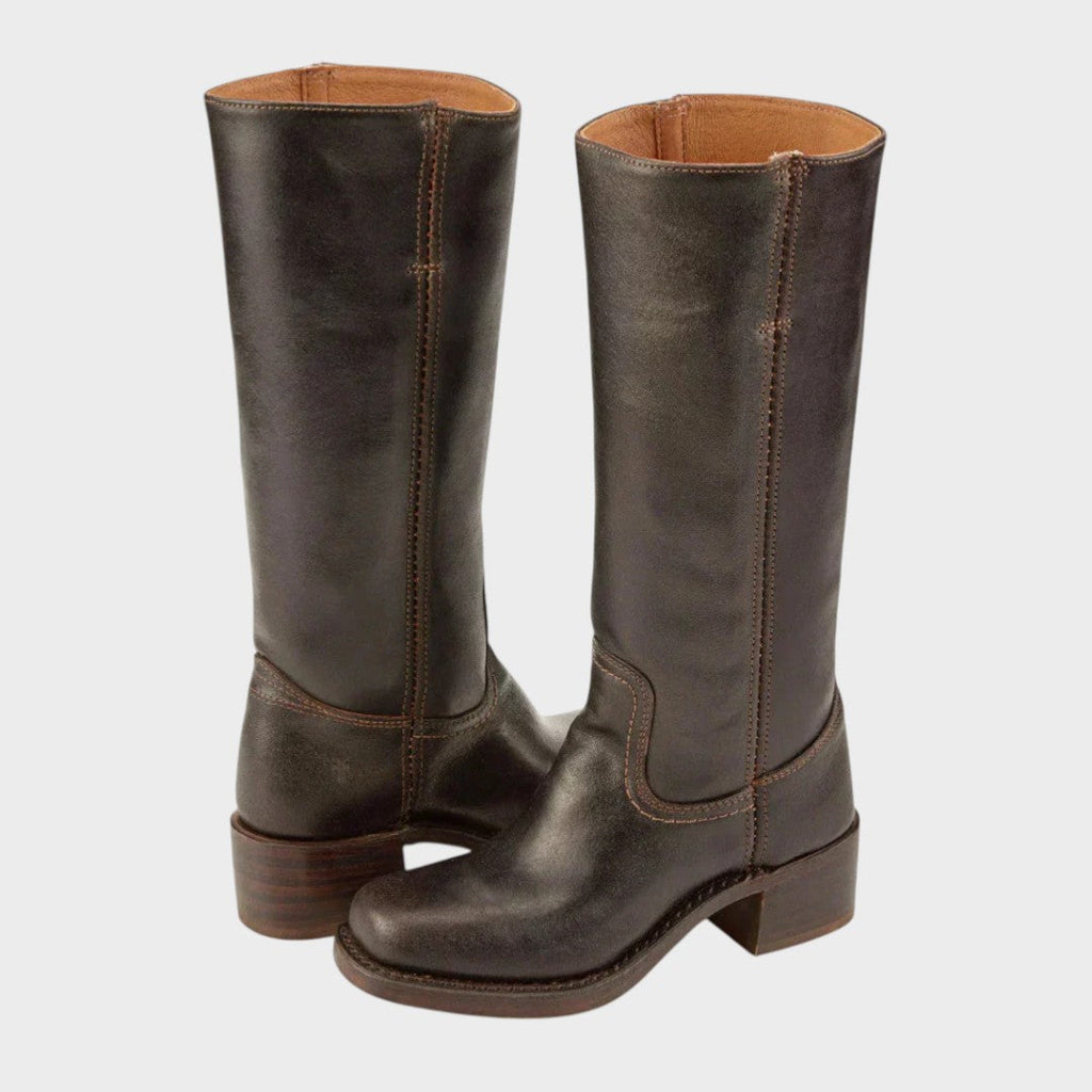 Women's knee-high cowboy boots with rounded toes, stitched panels and low block heels