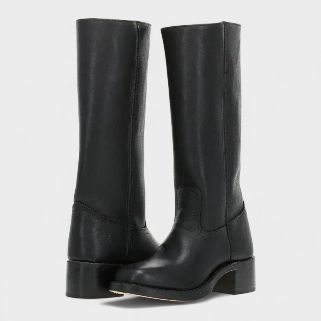 Women's knee-high cowboy boots with rounded toes, stitched panels and low block heels