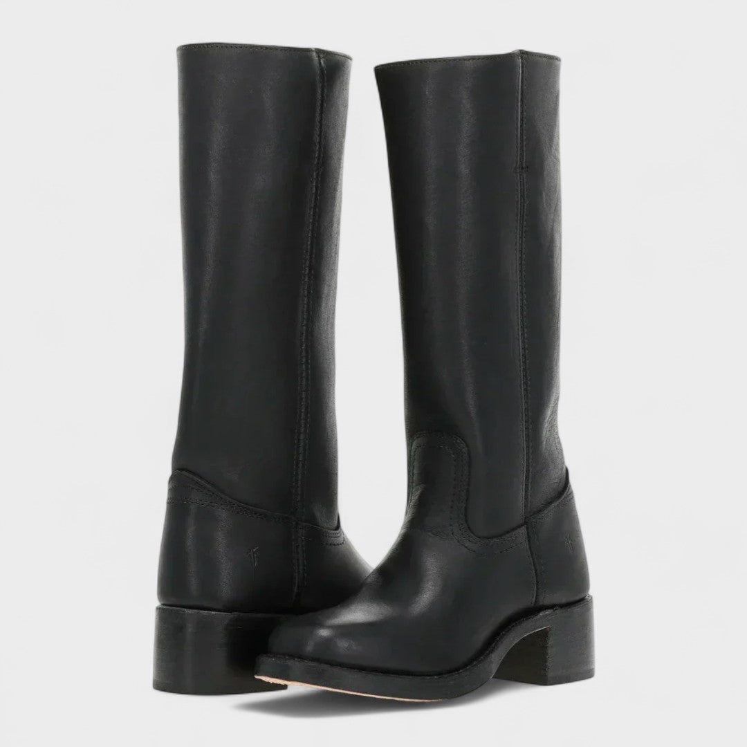 Women's knee-high cowboy boots with rounded toes, stitched panels and low block heels