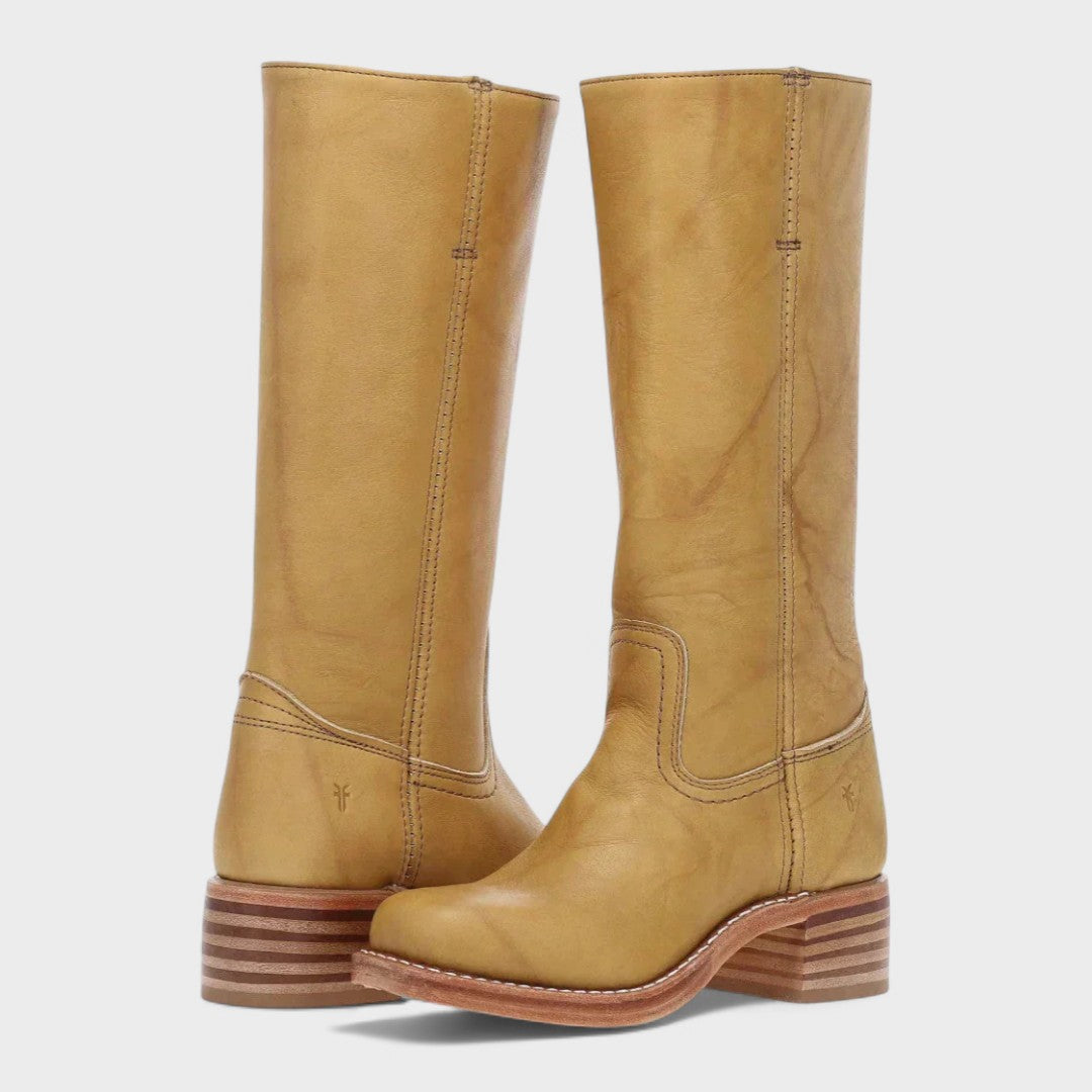Women's knee-high cowboy boots with rounded toes, stitched panels and low block heels