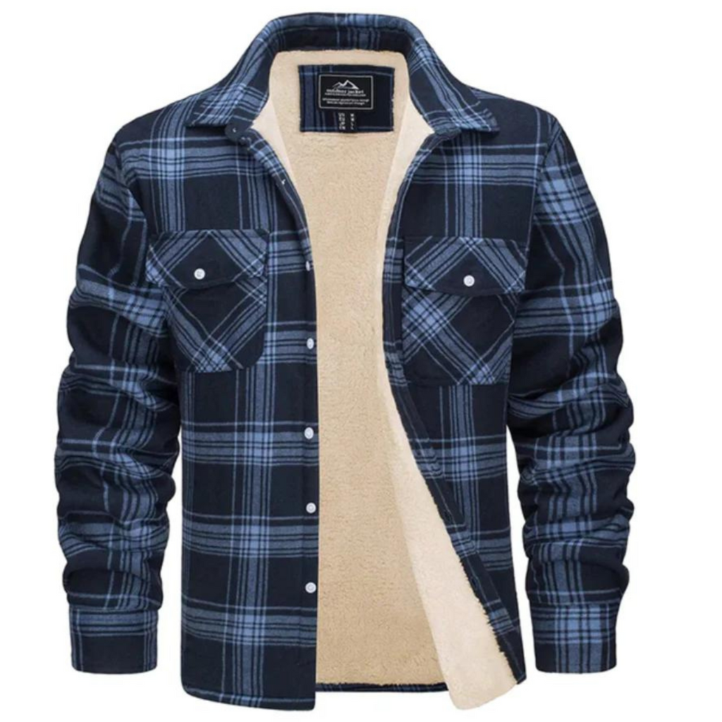 Men's checked long-sleeve shirt jacket with button front and cream lining