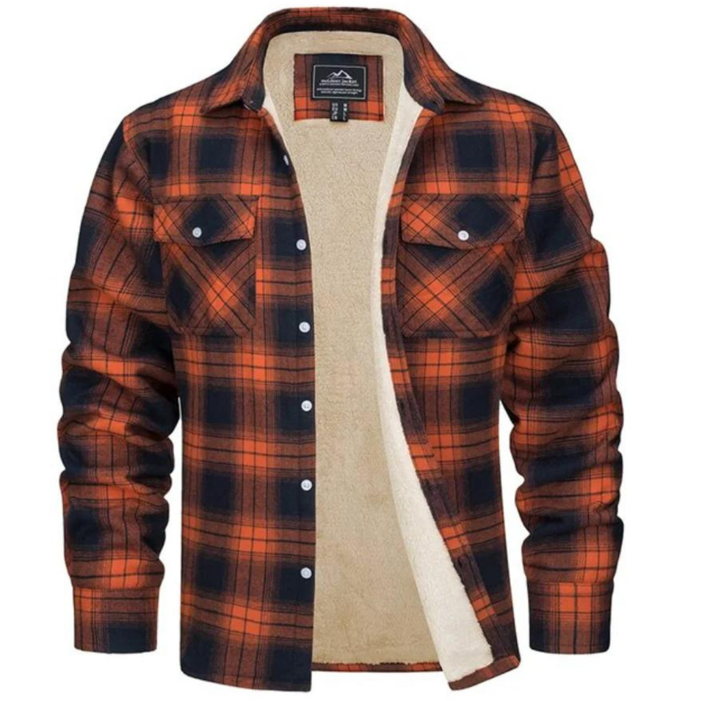 Men's checked long-sleeve shirt jacket with button front and cream lining