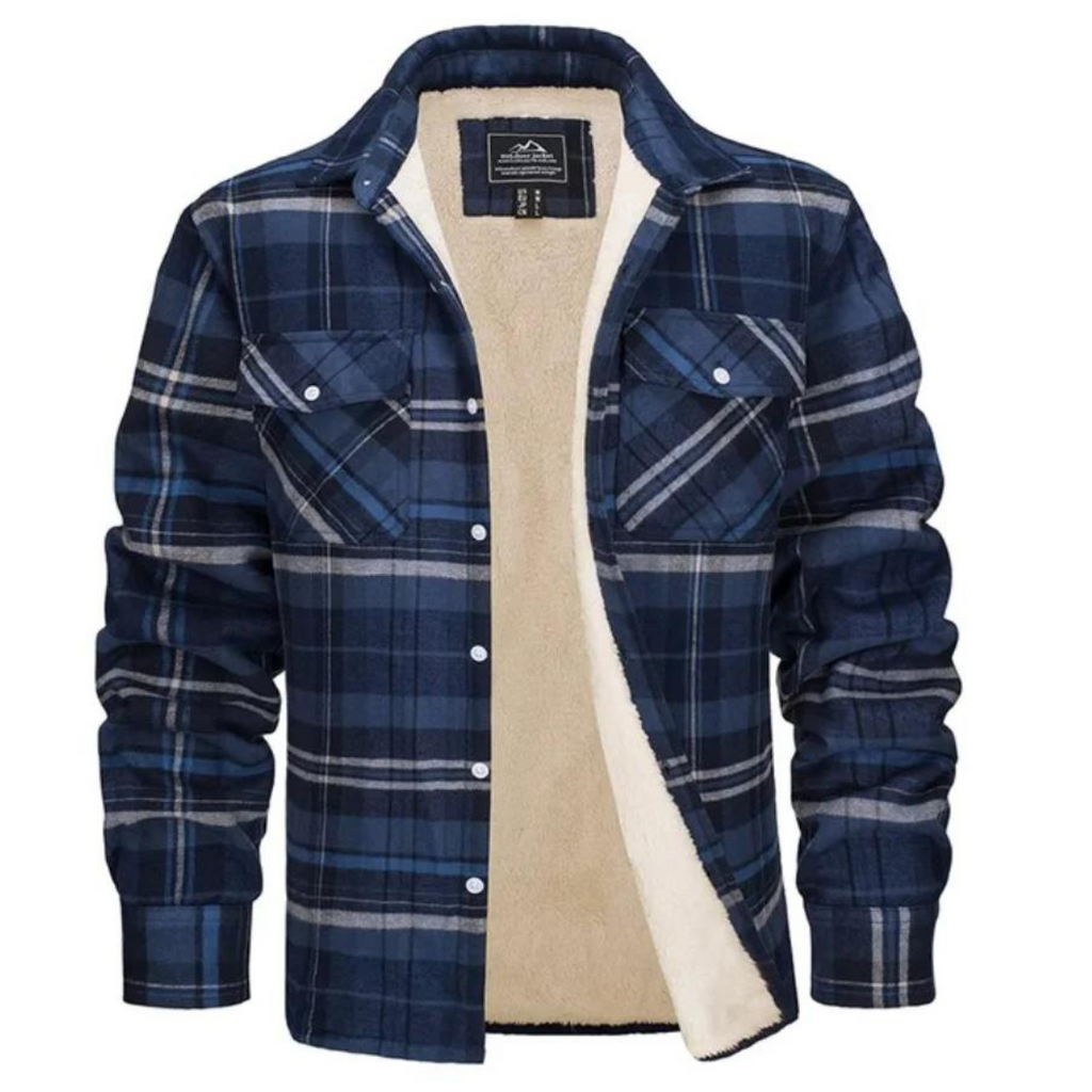 Men's checked long-sleeve shirt jacket with button front and cream lining