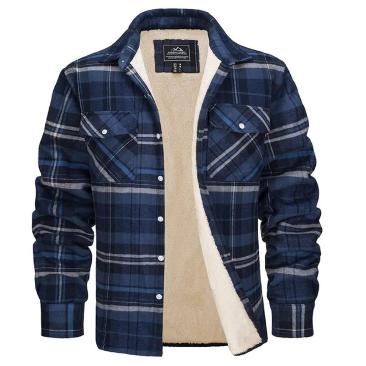 Men's checked long-sleeve shirt jacket with button front and cream lining