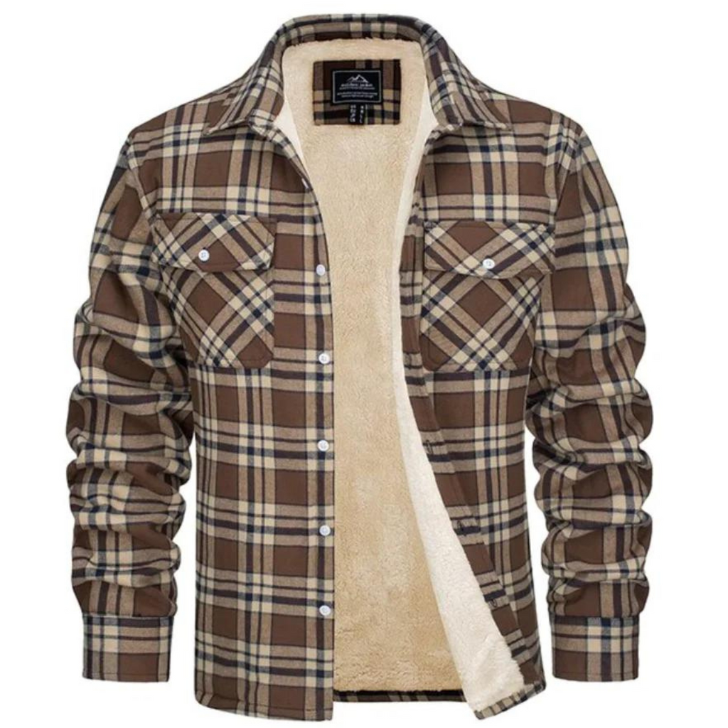 Men's checked long-sleeve shirt jacket with button front and cream lining