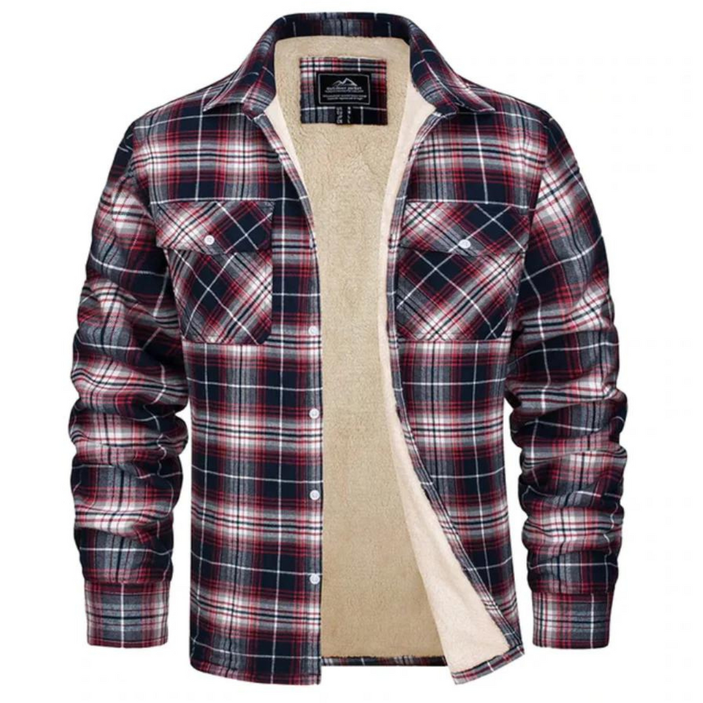Men's checked long-sleeve shirt jacket with button front and cream lining