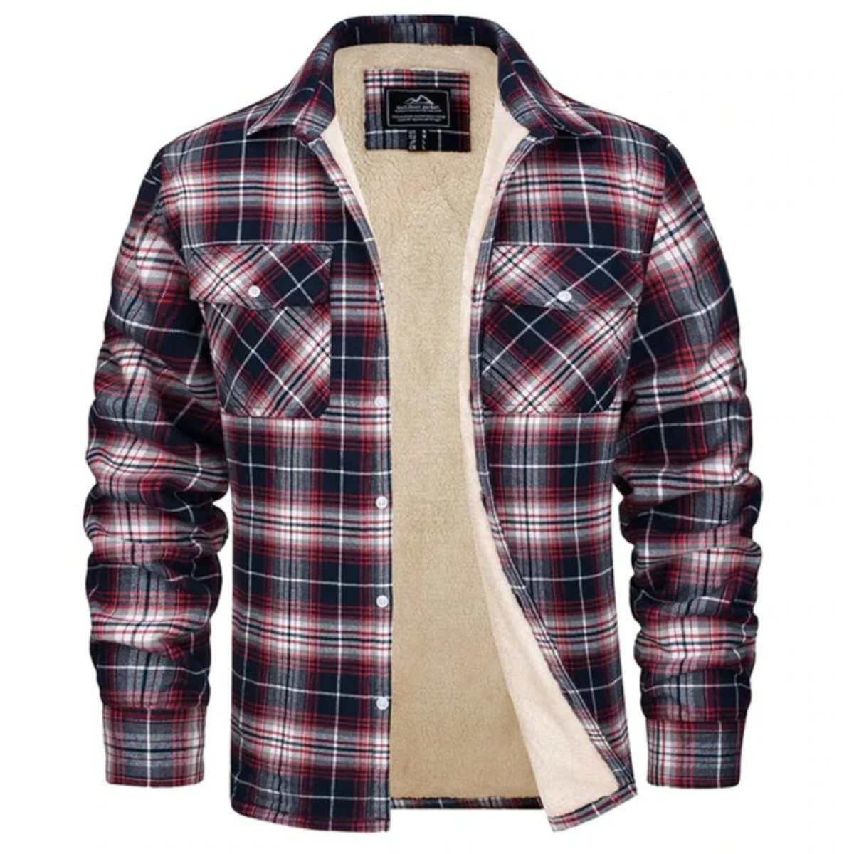 Men's checked long-sleeve shirt jacket with button front and cream lining