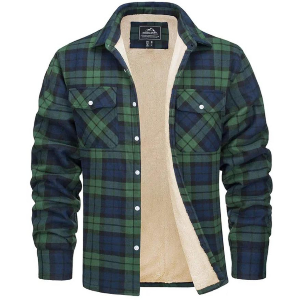 Men's checked long-sleeve shirt jacket with button front and cream lining