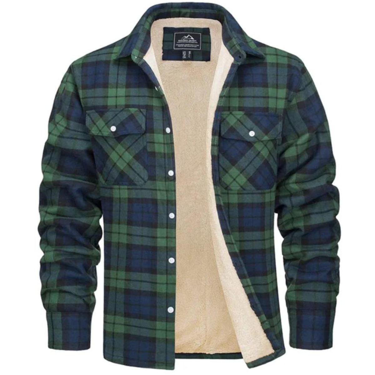 Men's checked long-sleeve shirt jacket with button front and cream lining