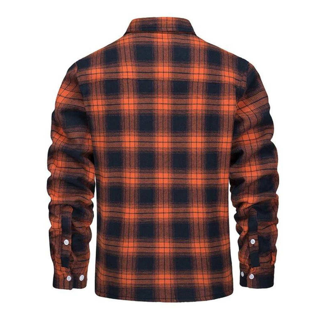 Men's checked long-sleeve shirt jacket with button front and cream lining