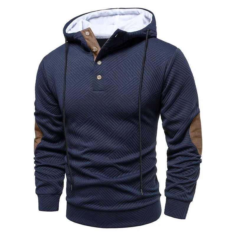 Men's hooded hoodie with geometric texture, long sleeves, drawstrings and contrasting elbow patches