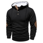 Men's hooded hoodie with geometric texture, long sleeves, drawstrings and contrasting elbow patches