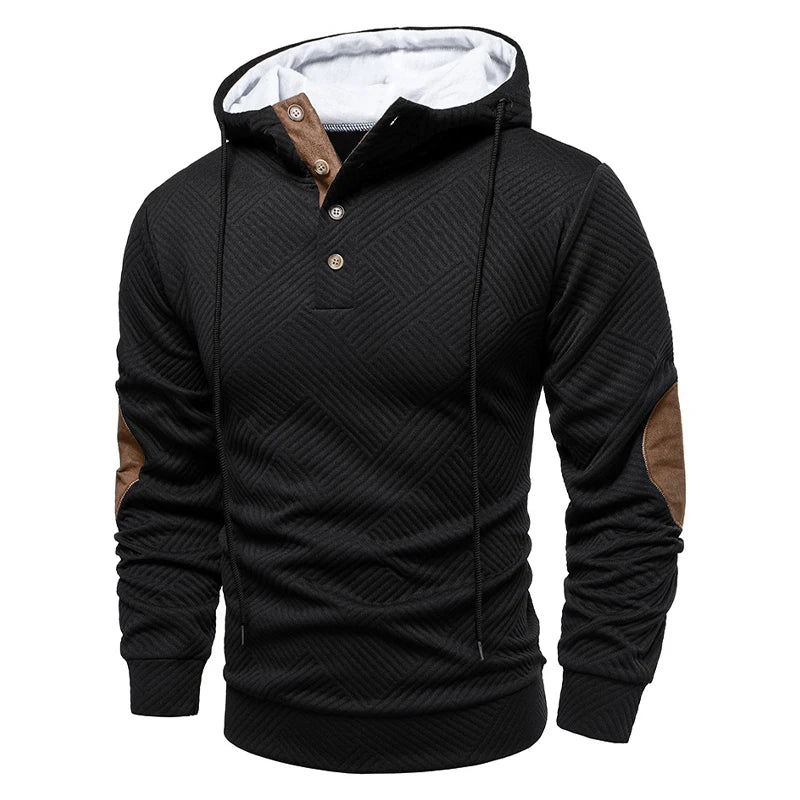 Men's hooded hoodie with geometric texture, long sleeves, drawstrings and contrasting elbow patches