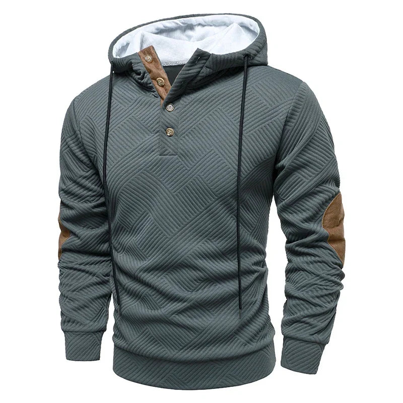 Men's hooded hoodie with geometric texture, long sleeves, drawstrings and contrasting elbow patches