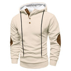 Men's hooded hoodie with geometric texture, long sleeves, drawstrings and contrasting elbow patches