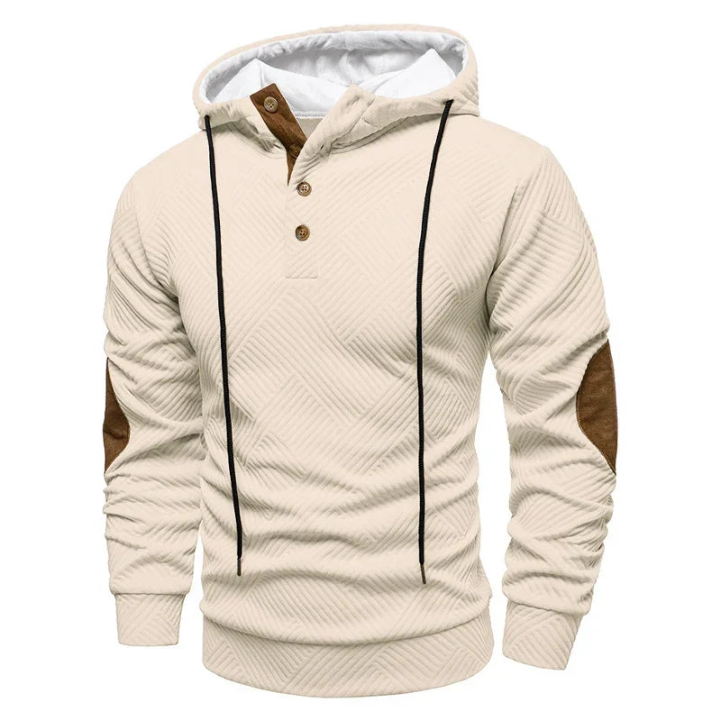 Men's hooded hoodie with geometric texture, long sleeves, drawstrings and contrasting elbow patches