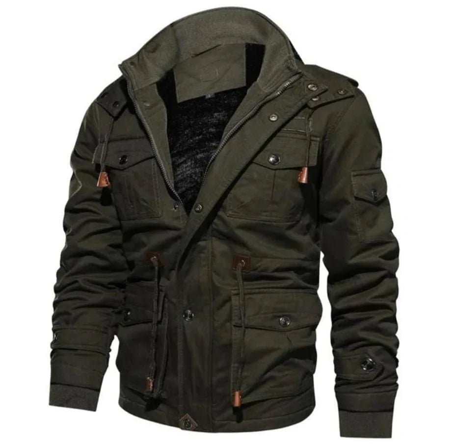 Men's hooded utility parka with multiple pockets and zip front