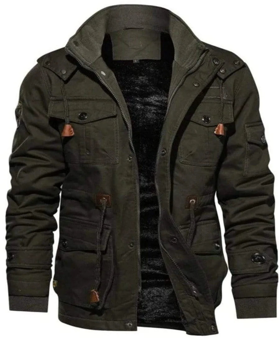 Men's hooded utility parka with multiple pockets and zip front
