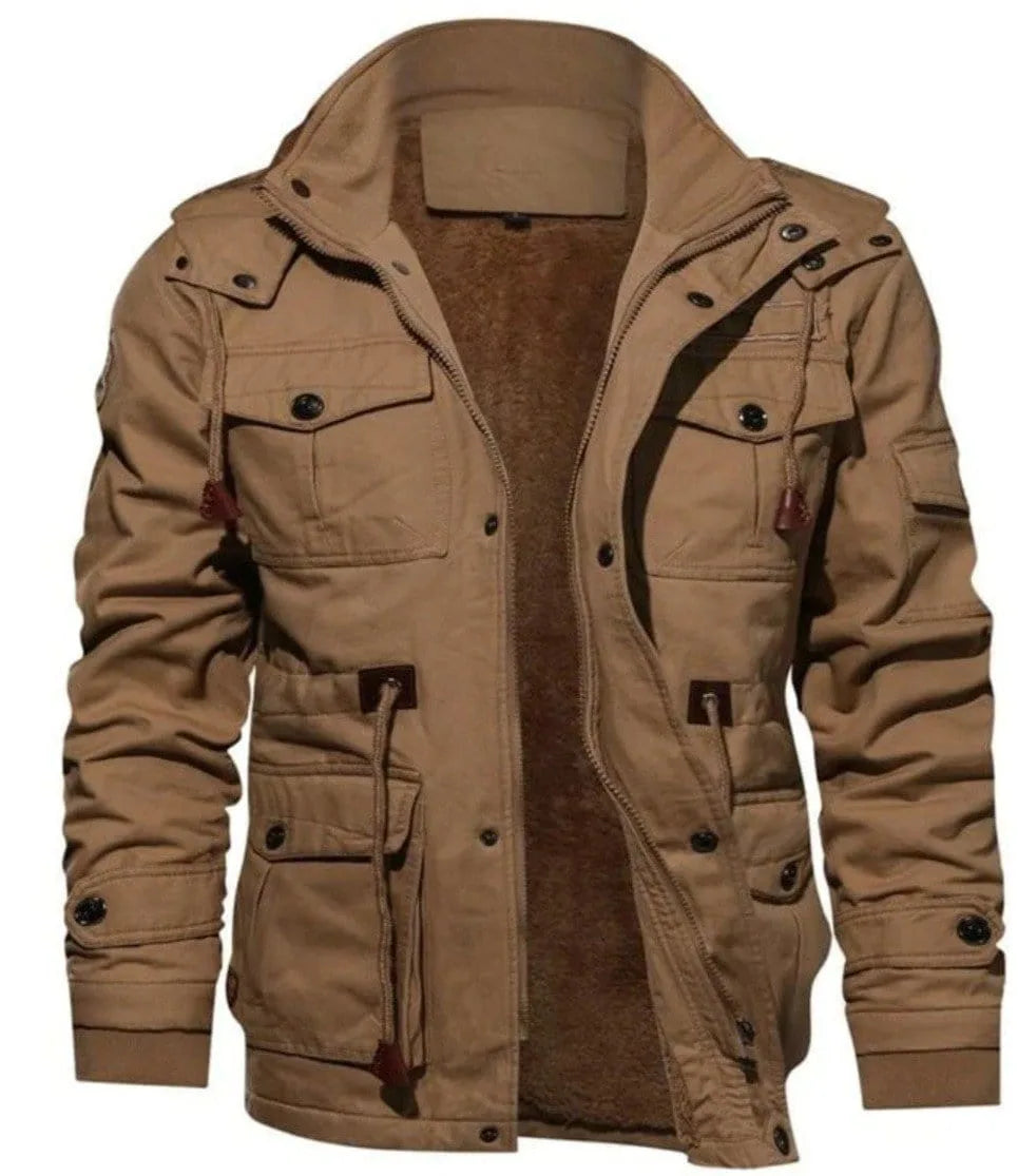 Men's hooded utility parka with multiple pockets and zip front