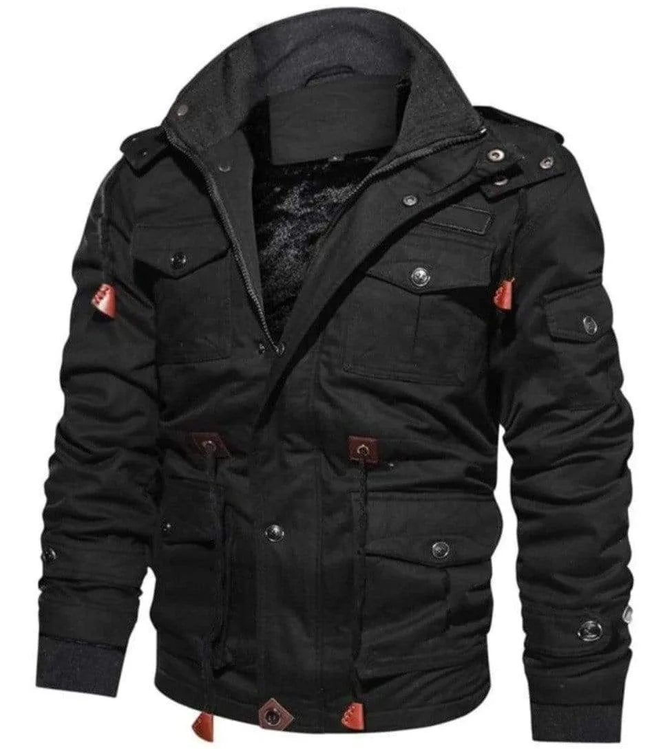 Men's hooded utility parka with multiple pockets and zip front