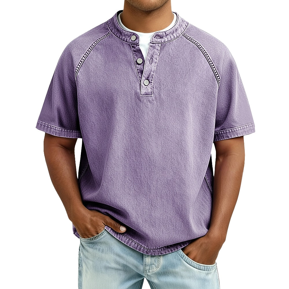 Men's Short Sleeve Band Collar Button Henley Tee