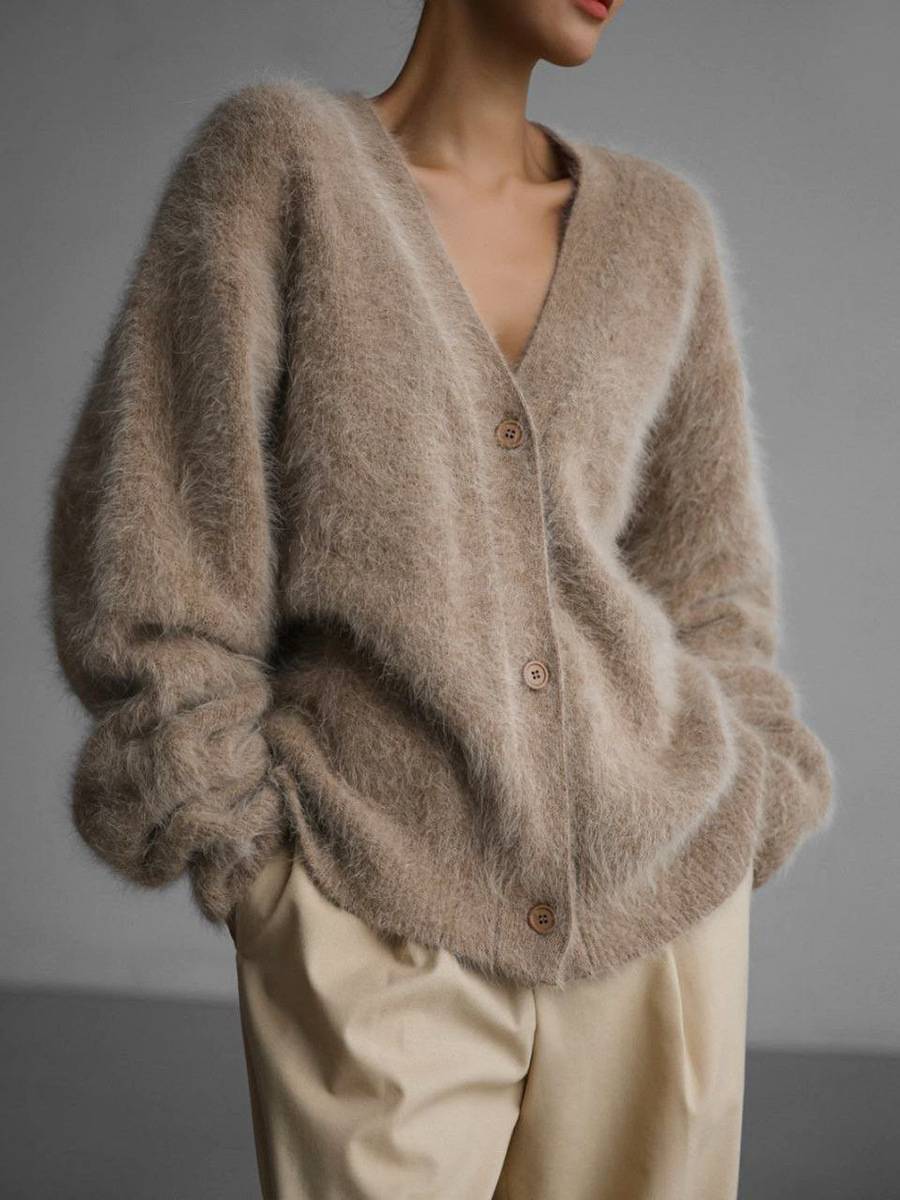 Women's Fluffy V-Neck Cropped Button Cardigan