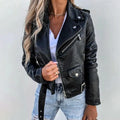 Women’s Belted Faux Leather Biker Jacket with Asymmetric Zip