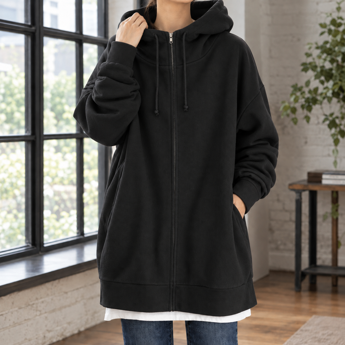 Women’s Oversized Longline Zip-Up Hoodie