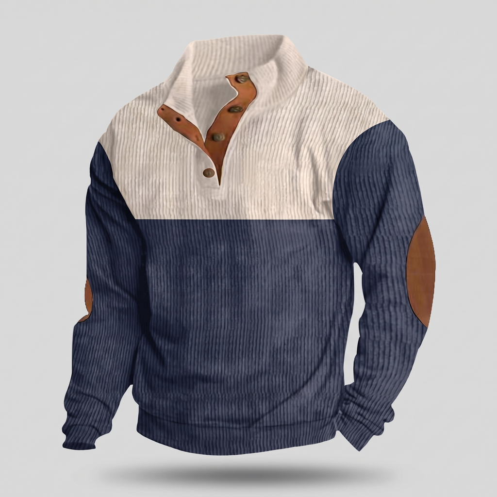 Men’s Colour Block Ribbed Snap Collar Pullover with Elbow Patches