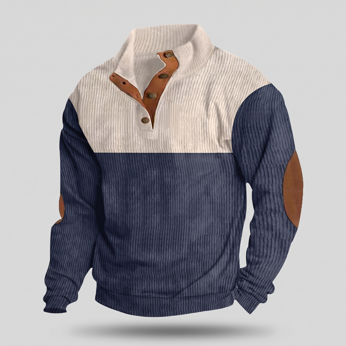 Men’s Colour Block Ribbed Snap Collar Pullover with Elbow Patches