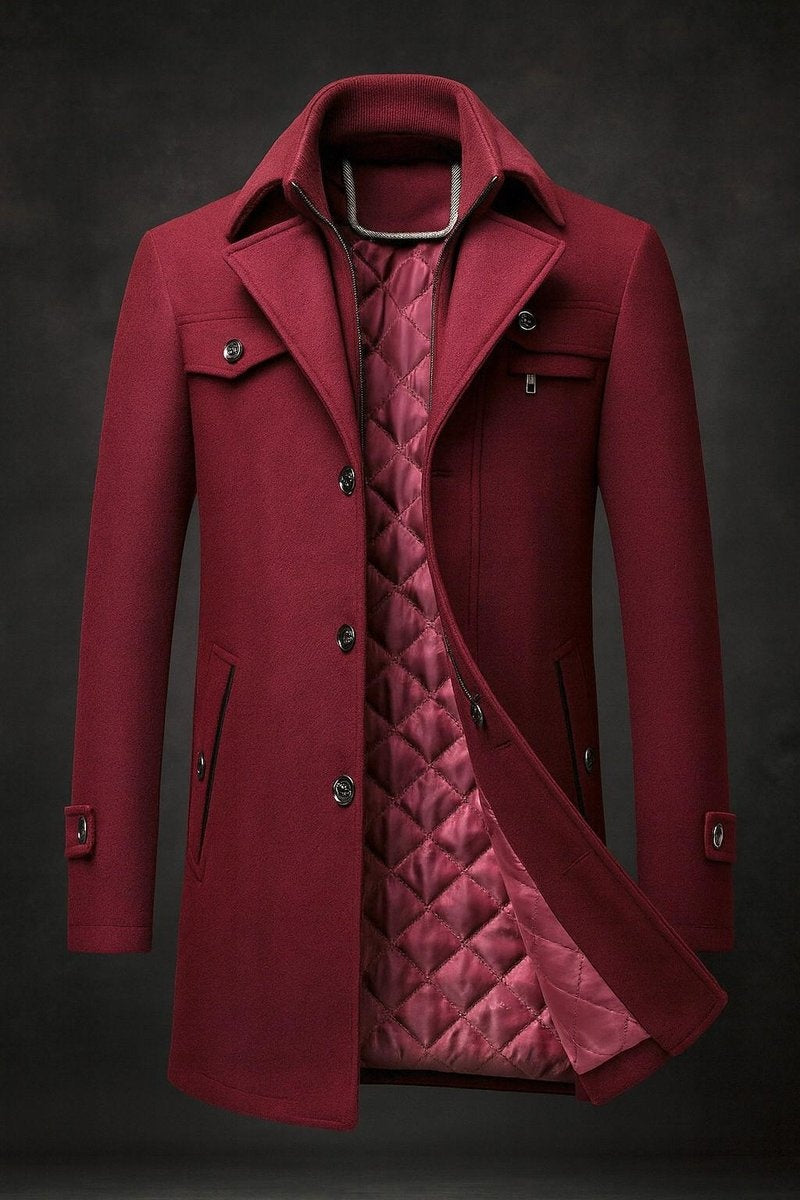 Men's Double Collar Quilted Lined Tailored Overcoat