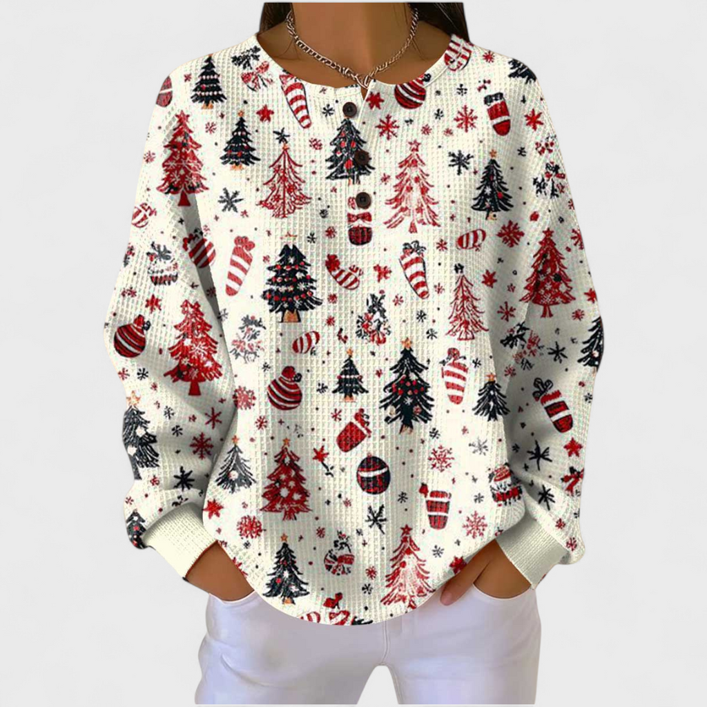 Women's Christmas Print Waffle Knit Long Sleeve Henley Top