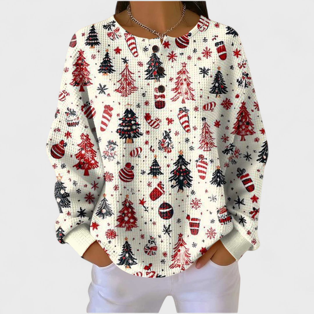 Women's Christmas Print Waffle Knit Long Sleeve Henley Top