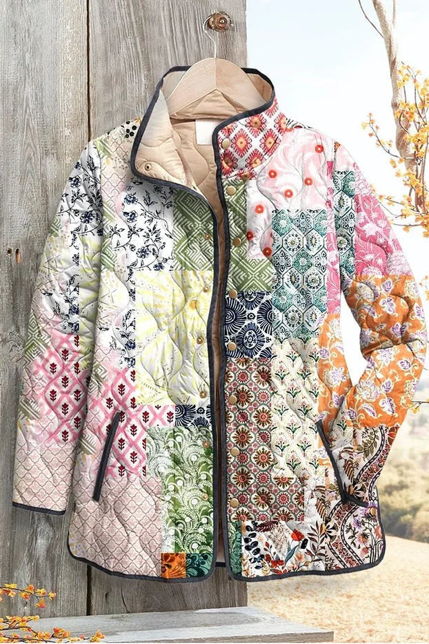 Women's Floral Patchwork Quilted Jacket with Stand Collar
