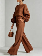 Women’s Flower Cuff Blouse and Wide-Leg Trouser Set