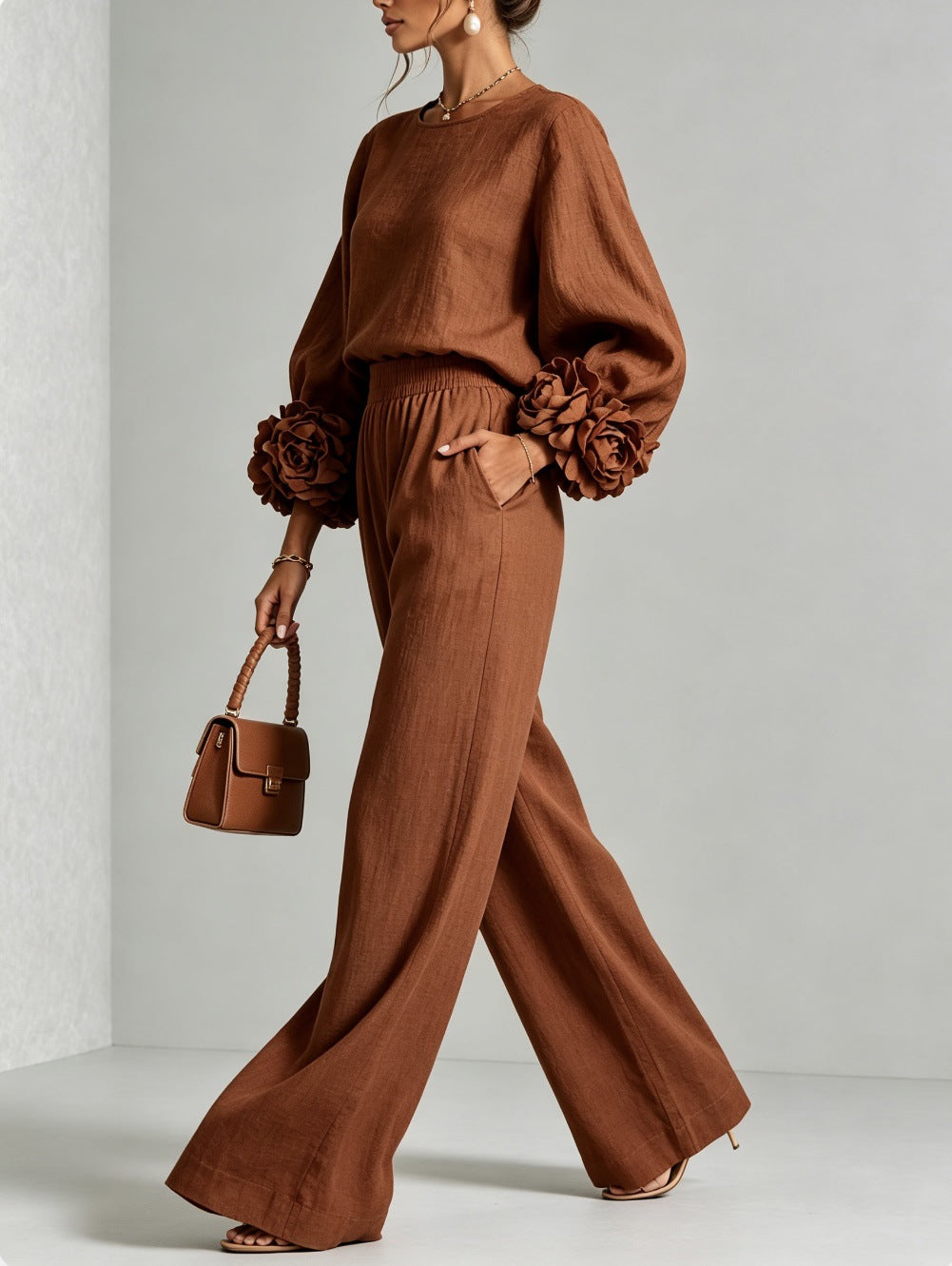 Women’s Flower Cuff Blouse and Wide-Leg Trouser Set