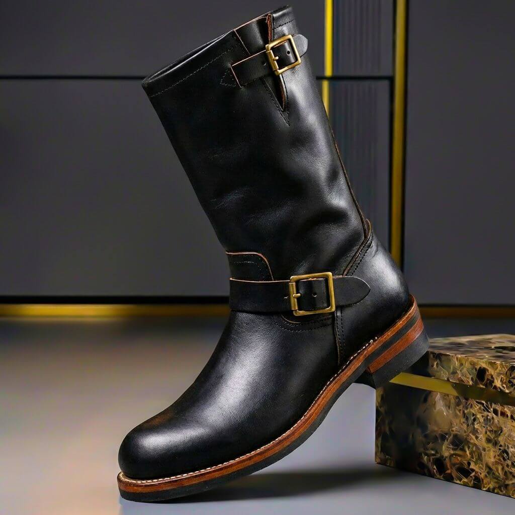 Vintage mid-calf boots with round toes, slouch shafts and buckle straps