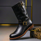 Vintage mid-calf boots with round toes, slouch shafts and buckle straps