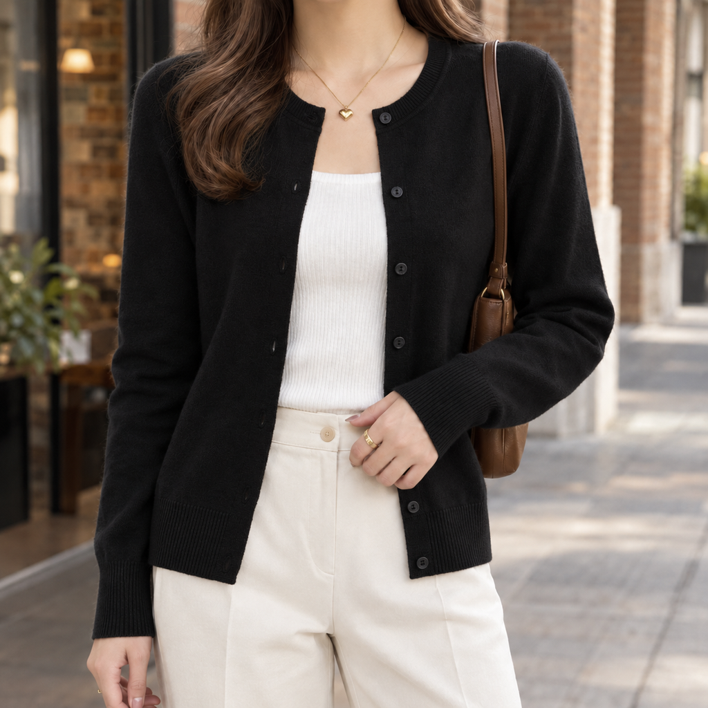 Women’s Classic Fine Knit Crew Neck Button Cardigan