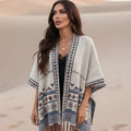Women’s Boho Jacquard Knit Open-Front Kimono Cardigan with Fringe