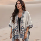 Women’s Boho Jacquard Knit Open-Front Kimono Cardigan with Fringe