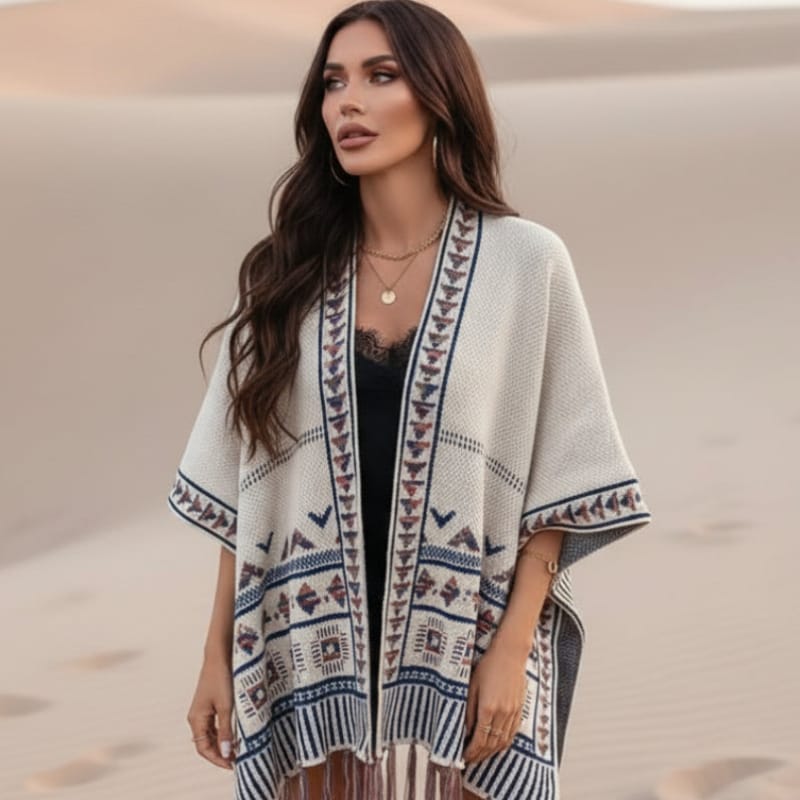 Women’s Boho Jacquard Knit Open-Front Kimono Cardigan with Fringe
