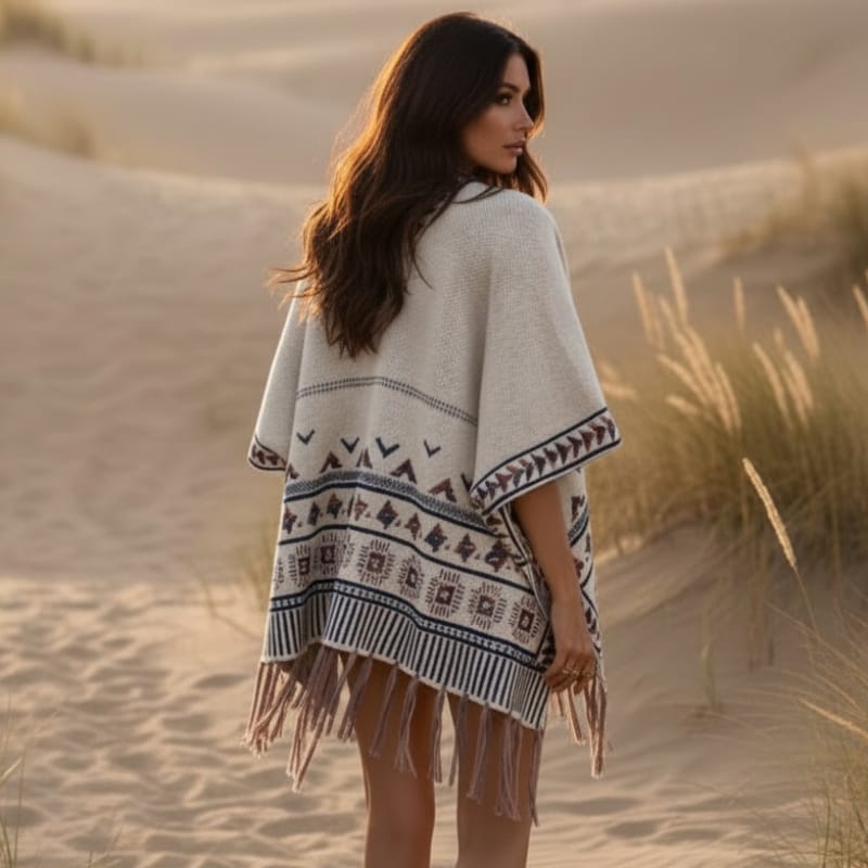 Women’s Boho Jacquard Knit Open-Front Kimono Cardigan with Fringe