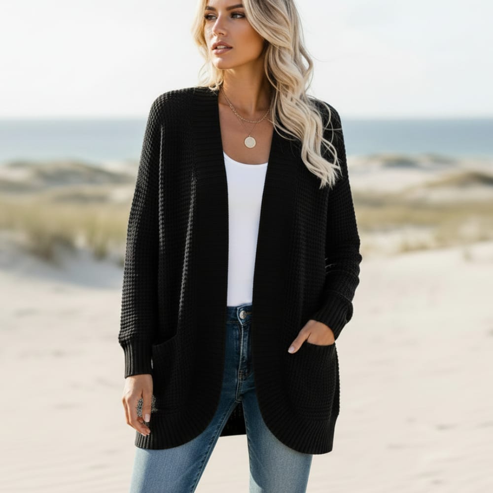 Women’s Waffle Knit Open-Front Cocoon Cardigan with Pockets