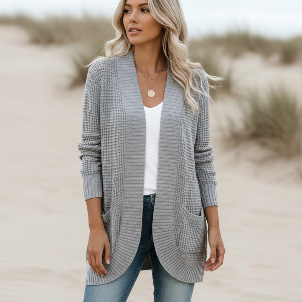 Women’s Waffle Knit Open-Front Cocoon Cardigan with Pockets